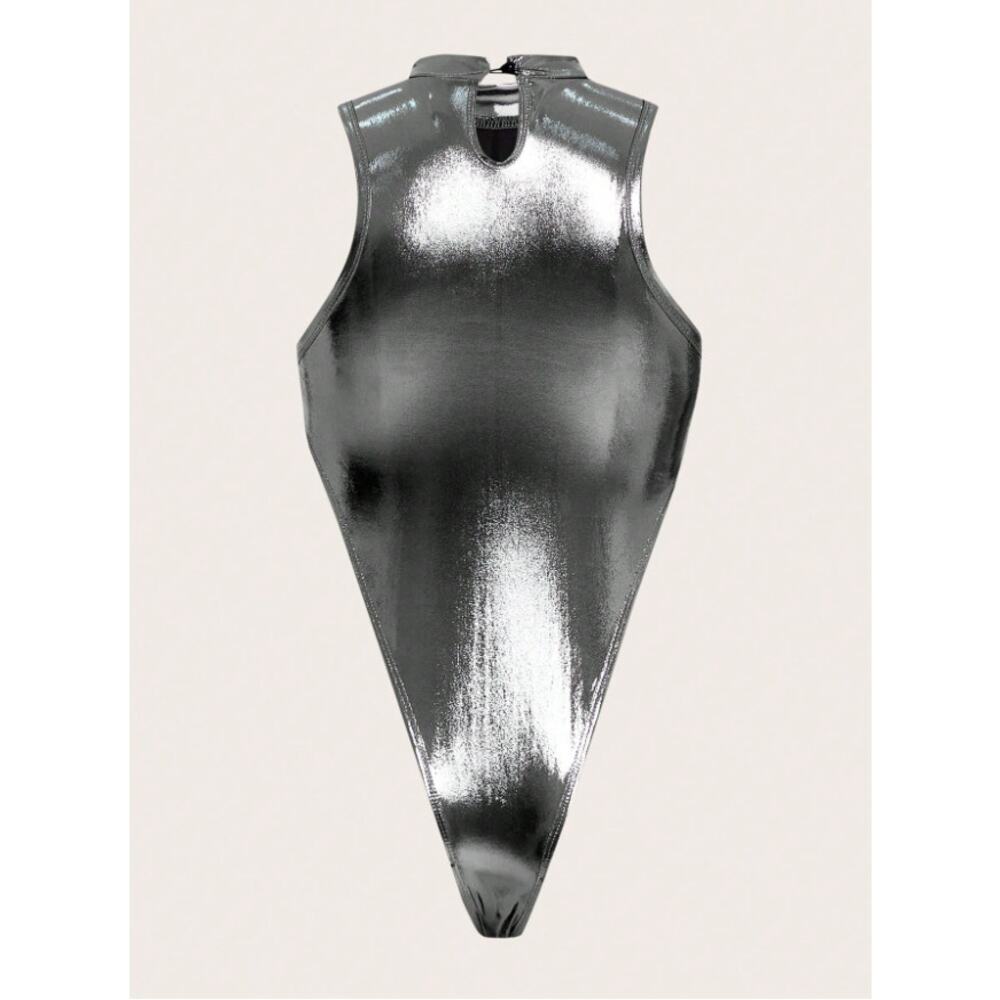 Metallic Silver High Cut Bodysuit Women Sleeveless Mock Neck Cutout Clubwear M - Picture 8 of 10